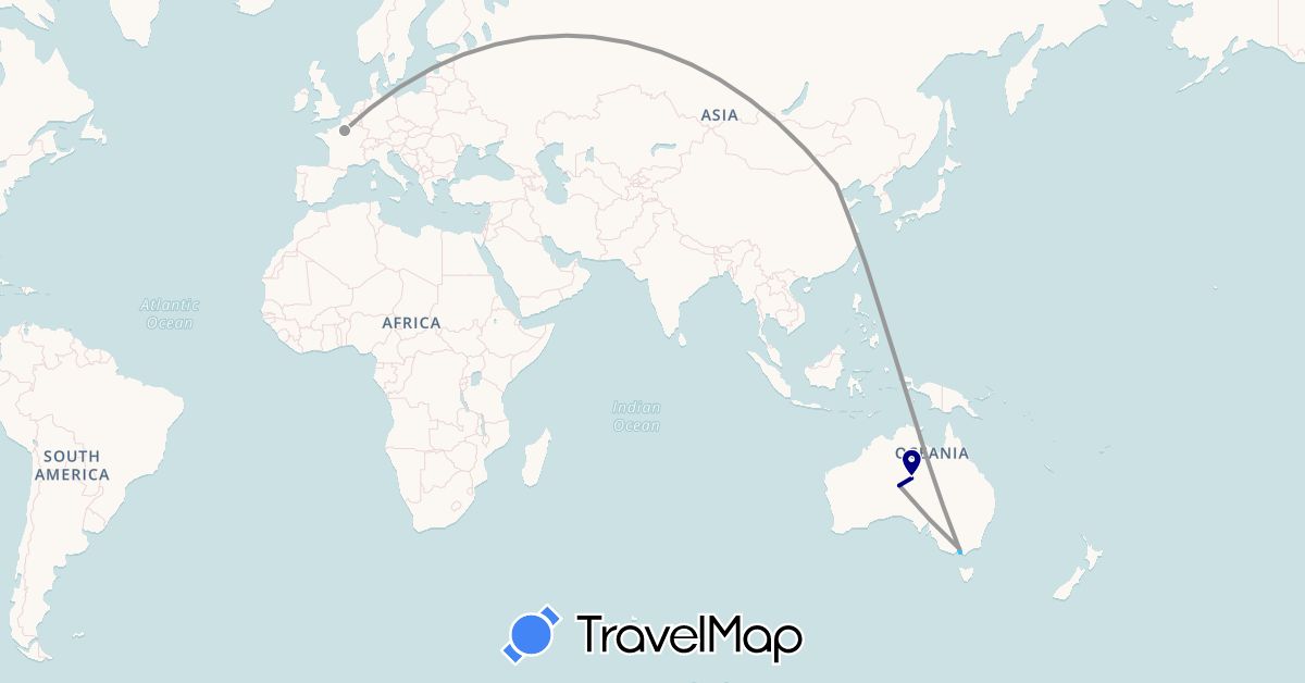 TravelMap itinerary: driving, plane, boat in Australia, China, France (Asia, Europe, Oceania)